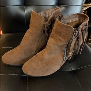 Breckelles Faux Suede Brown Fringe Booties, 3.5" heel; size 10